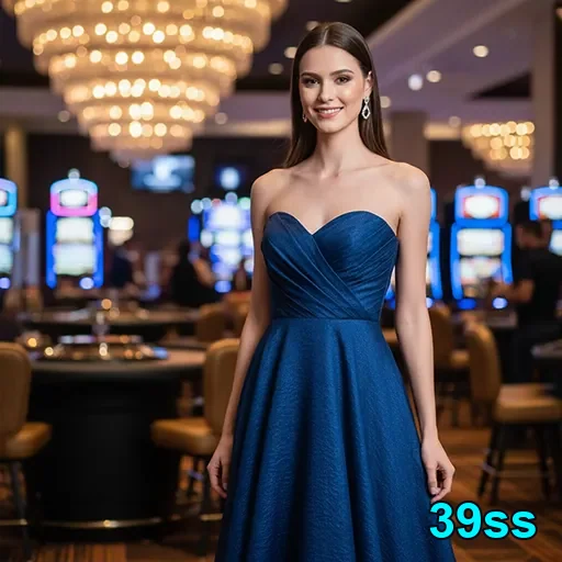 Jogadora elegante em cassino do 39ss com mesas ao fundo.