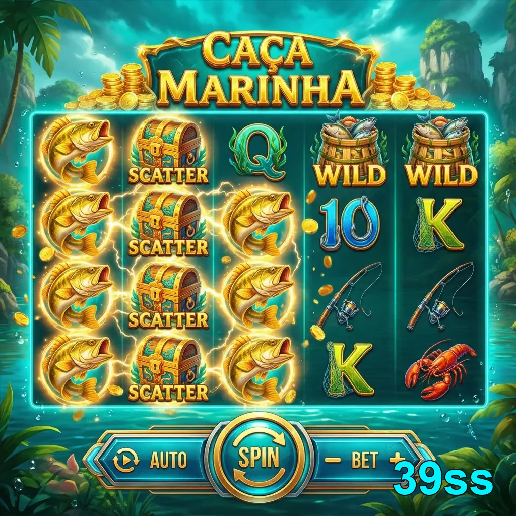 Tela do slot 'Caça Marinha' no 39ss com símbolos variados.
