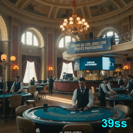 Sala de cassino ao vivo com mesas e crupiês do 39ss.