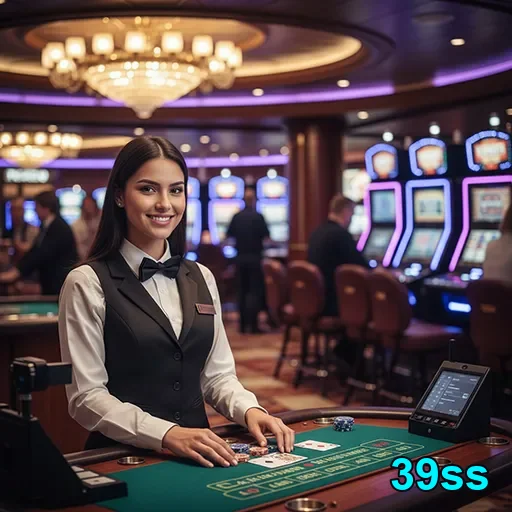 Dealer sorridente em cassino ao vivo no 39ss.