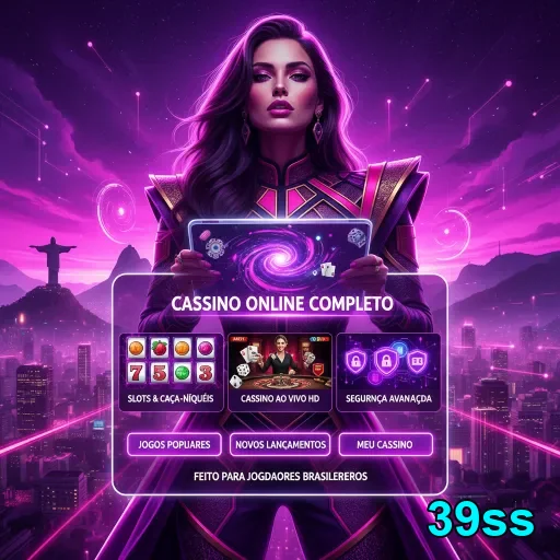 Jogadora segurando tablet com slots de 39ss ao fundo.