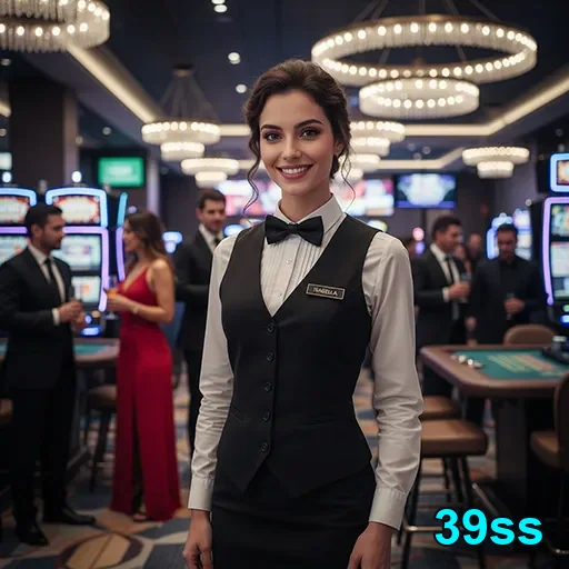 Atendente VIP no cassino 39ss interagindo com jogadores.